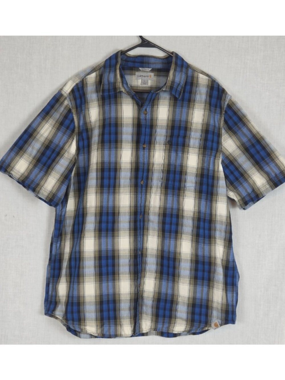 Carhartt Shirt Men's XL Blue Plaid Relaxed Fit Short Sleeve Logo Work Dressy